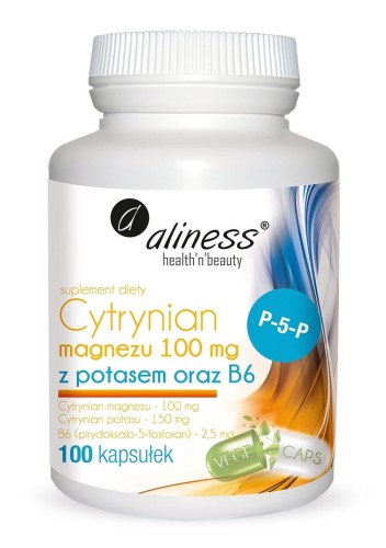 Cytrynian Magnezu 100 mg z potasem 150 mg, B6 (P-5-P) - 100 kapsułek Vege - ALINESS.jpg