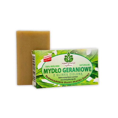 Naturalne mydło geraniowe z zieloną glinką 100% roślinne - Mydlarnia Powrót do Natury.jpg