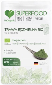 Trawa jęczmienna BIO w proszku - Źródło witaminy C, magnezu, wapnia, żelaza, cynku, białka i błonnika pokarmowego - BEORGANIC (NM)