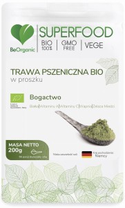 Trawa pszeniczna BIO w proszku - Źródło witaminy C, witaminy A, wapnia, żelaza, cynku, miedzi, białka i błonnika pokarmowego - BEORGANIC (NM)