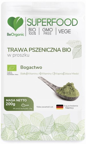 Trawa pszeniczna BIO w proszku - Źródło witaminy C, witaminy A, wapnia, żelaza, cynku, miedzi, białka i błonnika pokarmowego - BEORGANIC (NM).jpg