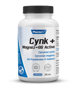 Cynk + Magnez + B6 Active 120 kapsułek - Kompozycja bio dostępnego, organicznego cynku i magnezu oraz aktywnej formy witaminy B6 - PHARMOVIT